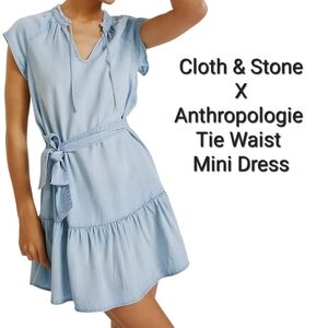 Cloth & Stone X Anthropologie Tie Waist Mini Dress Blue Chambray Style Size S